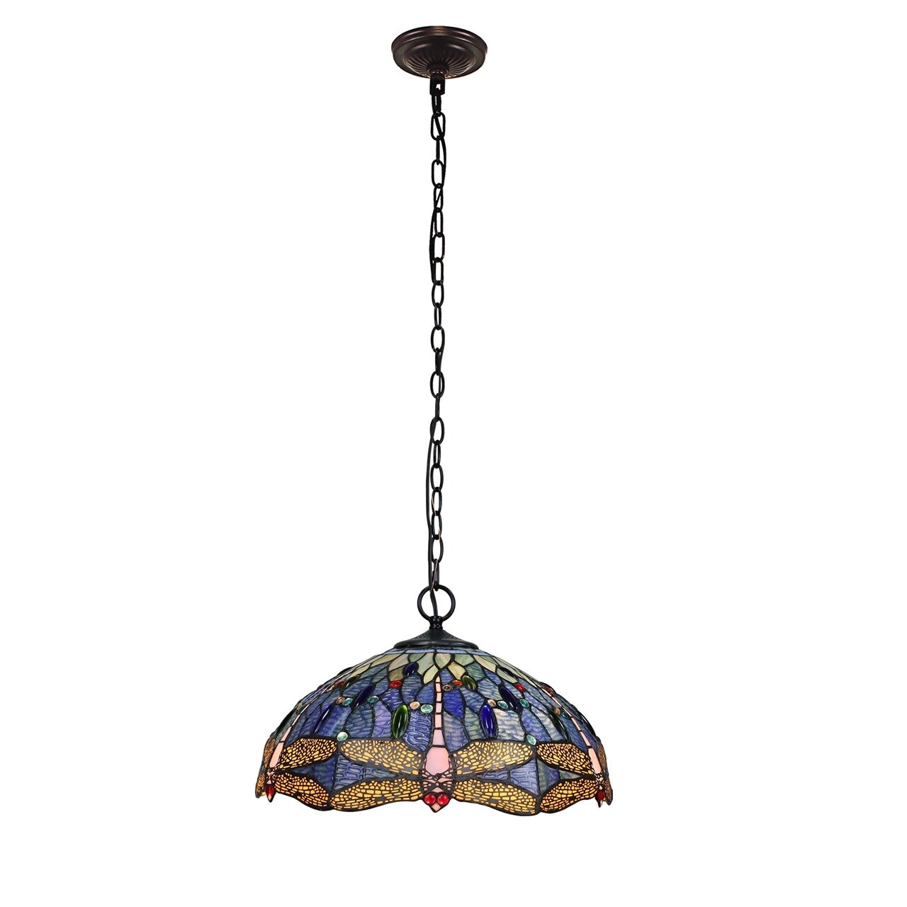18" Stained Glass Blue Dragonfly Pendant Swag Ceiling Light