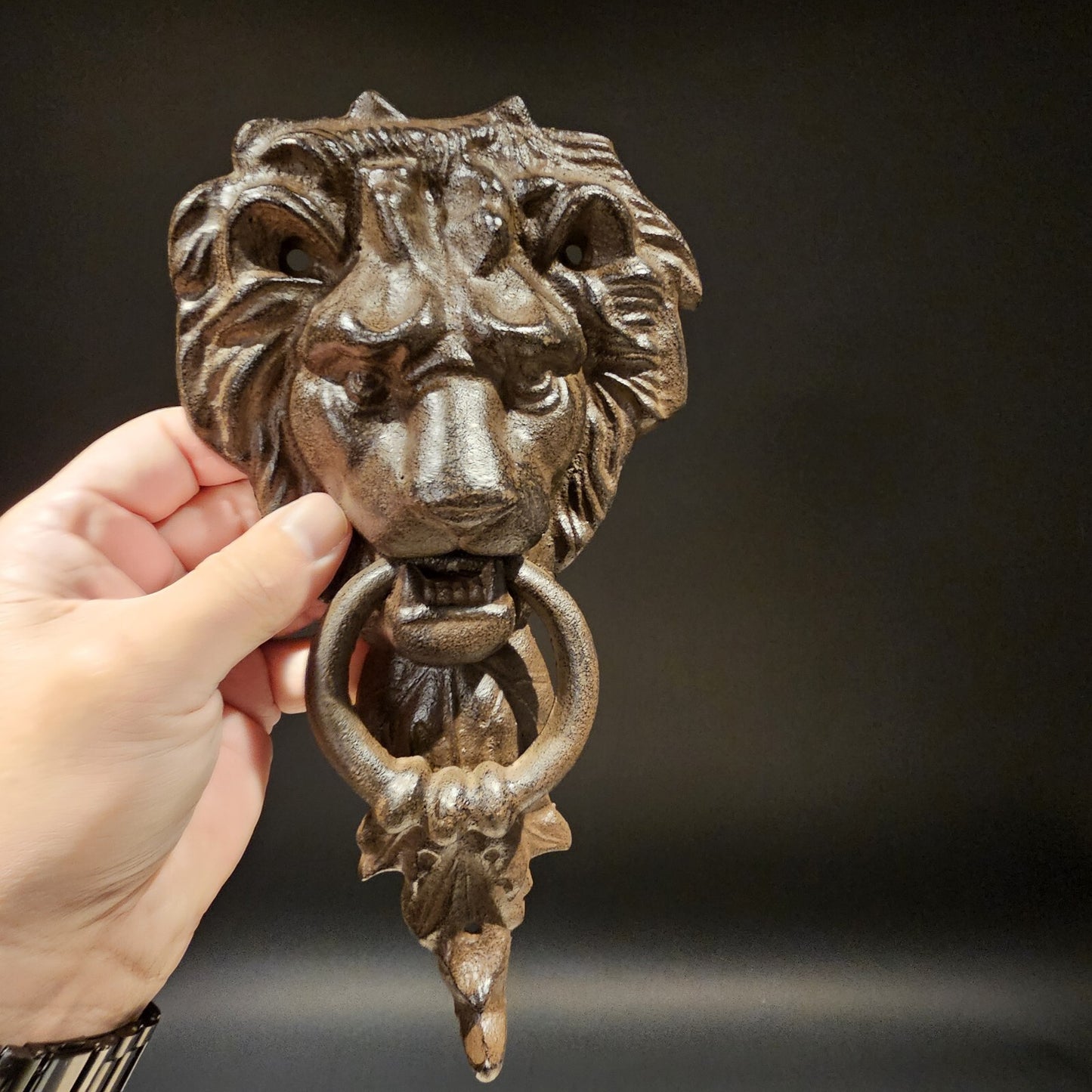 Antique Vintage Style Cast Iron Lion Door Knocker w Hook