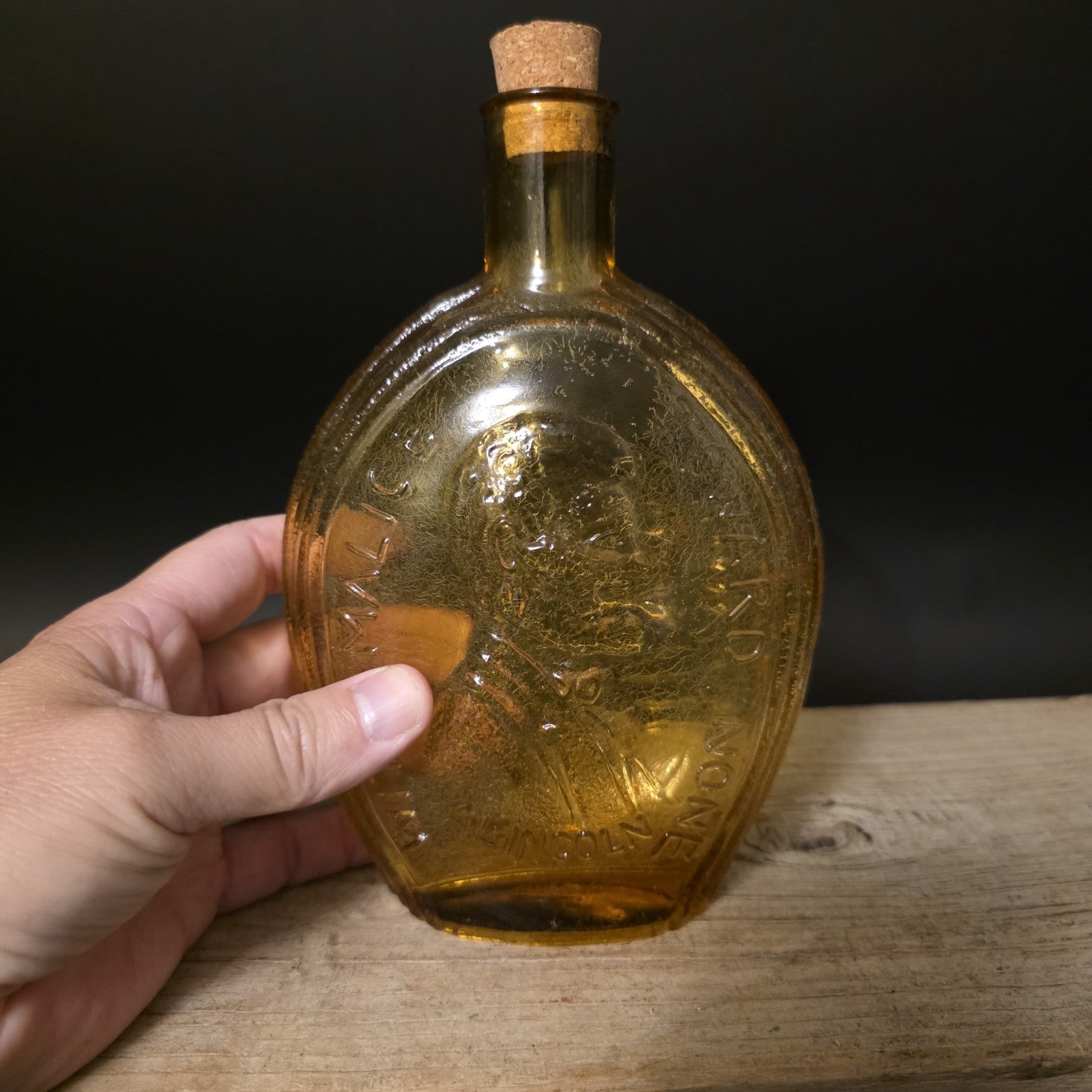 8" Vintage Style Amber Glass Abraham Lincoln Decanter Flask Bottle