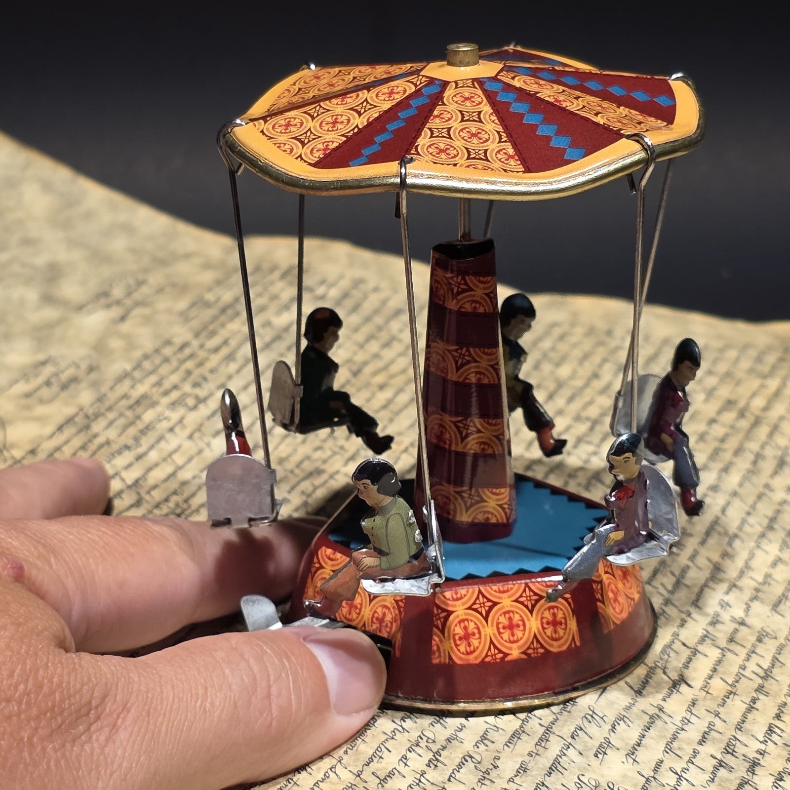 Vintage Style Tin Litho Carousel Swing Ride Wind-Up Amusement Park Toy