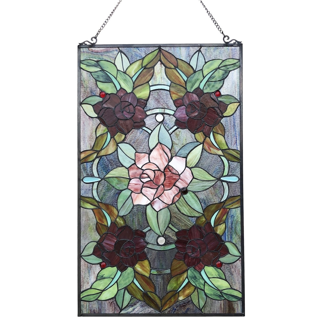 32" Rose Bush Stained Glass Window Hanging Panel Suncatcher