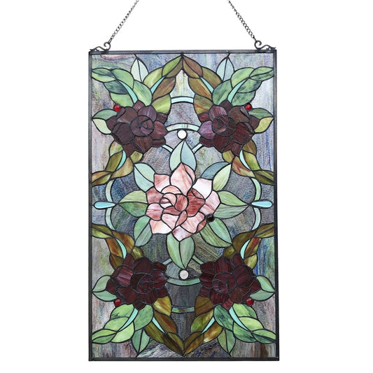 32" Rose Bush Stained Glass Window Hanging Panel Suncatcher
