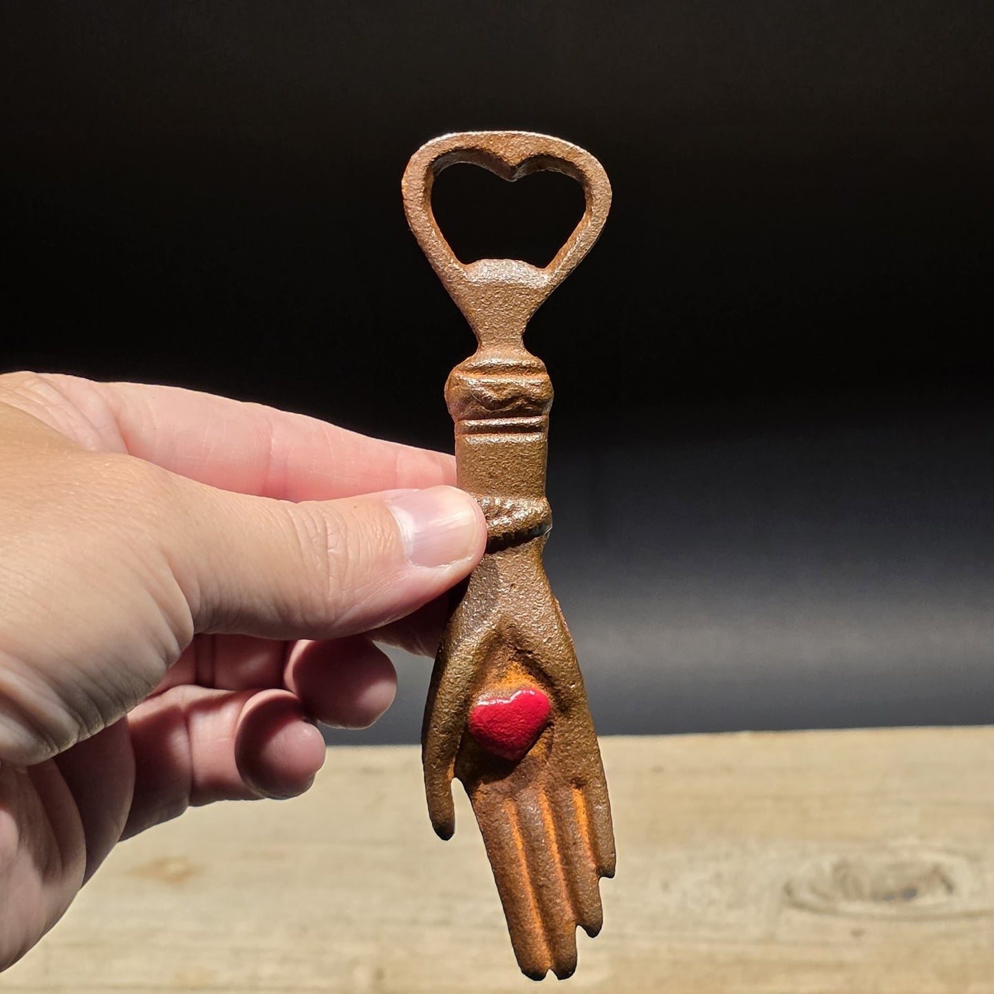 5 1/2" Cast Iron Heart in Hand Odd Fellows Bottle Opener