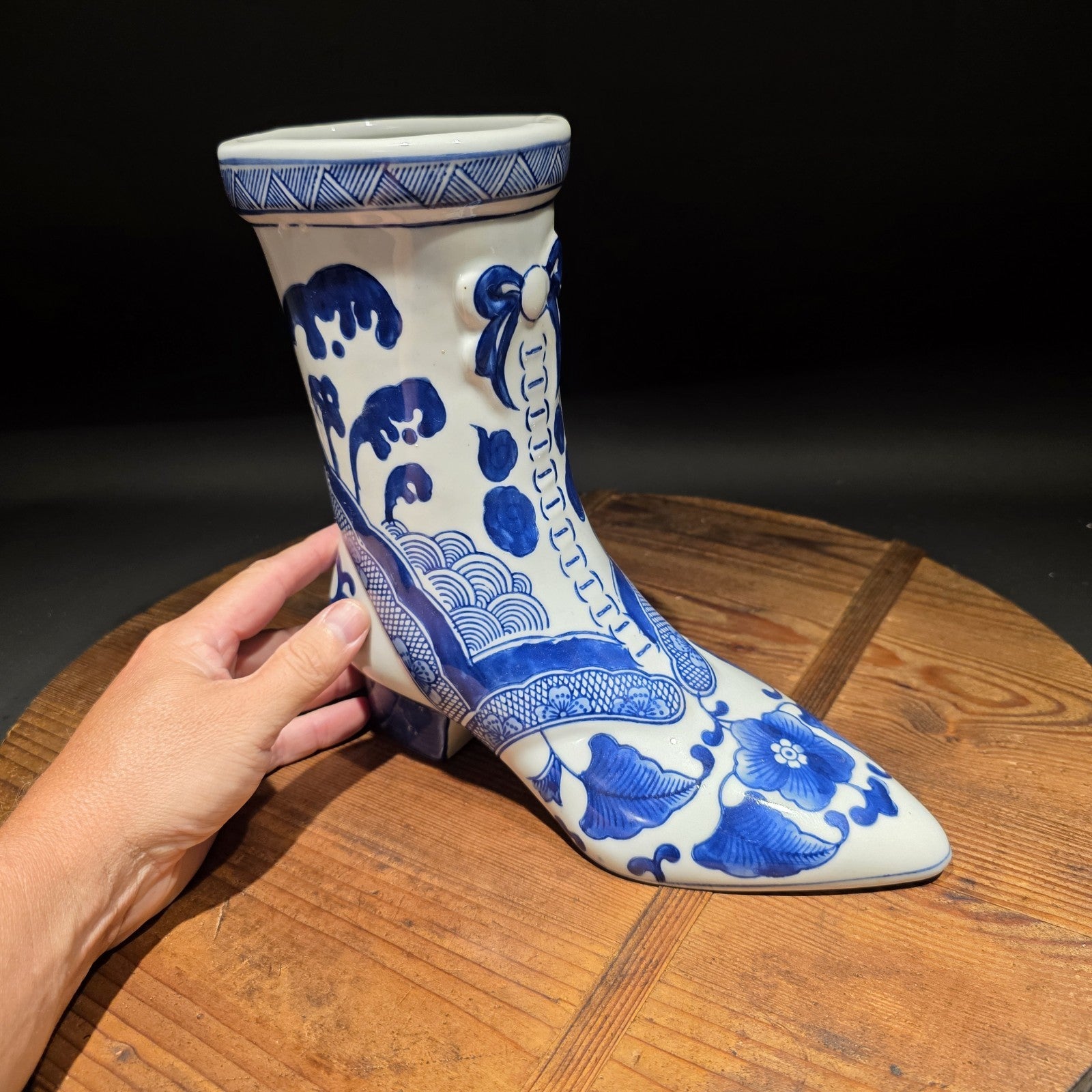 Blue And White Victorian Boot Vase/ Planter