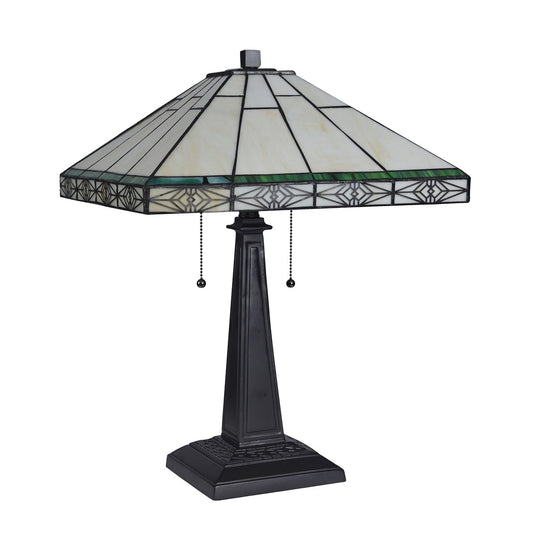 22" 2 Light Pull Chain Stained Glass Mission Table Lamp