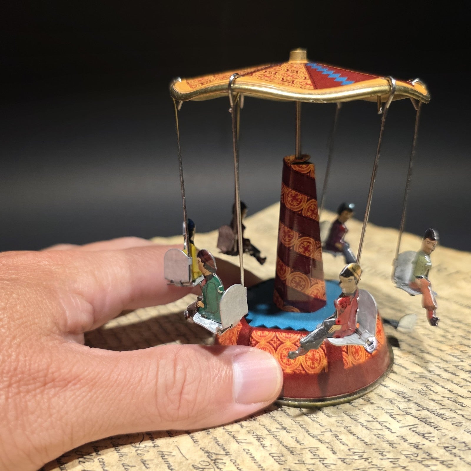 Vintage Style Tin Litho Carousel Swing Ride Wind-Up Amusement Park Toy