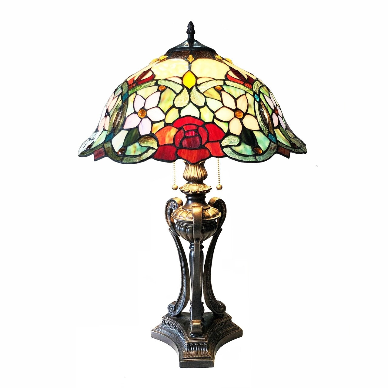 26" Antique Vintage Style Stained Glass Rose Floral Table Lamp