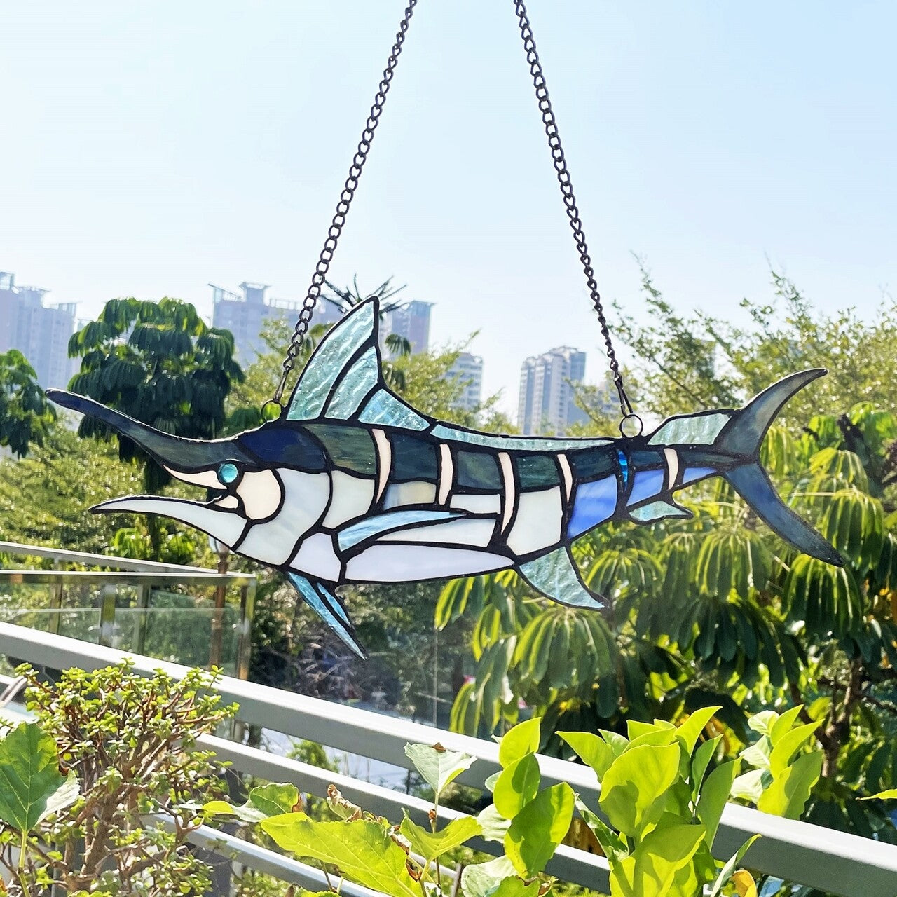 16"  Stained Glass Sword Fish Marlin Window Hanging Panel Suncatcher