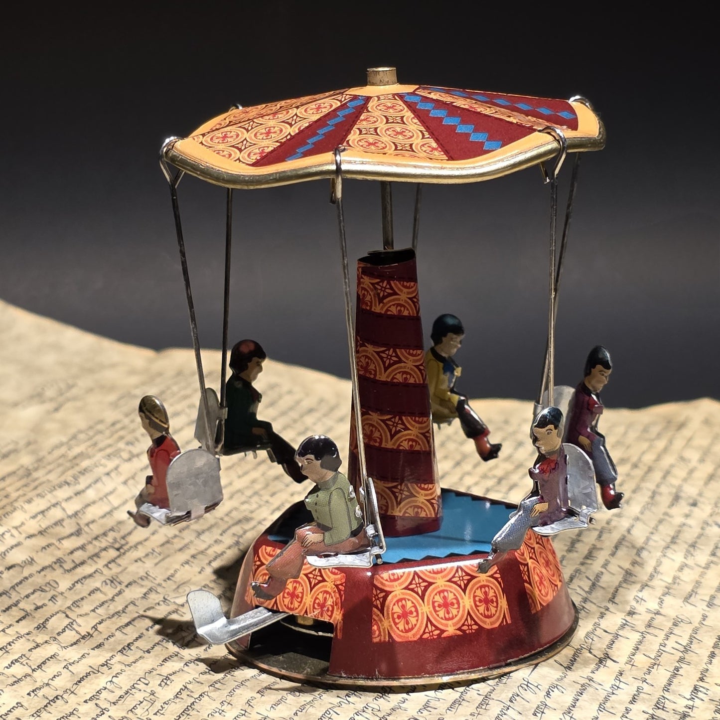 Vintage Style Tin Litho Carousel Swing Ride Wind-Up Amusement Park Toy