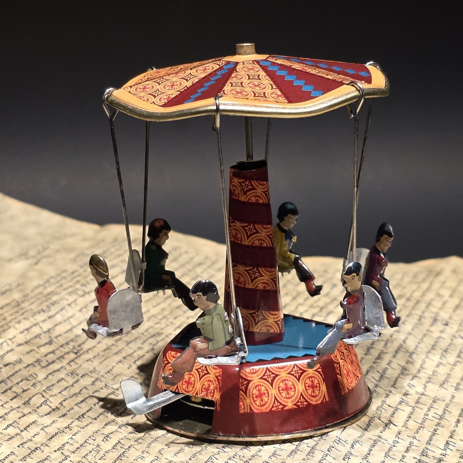 Vintage Style Tin Litho Carousel Swing Ride Wind-Up Amusement Park Toy