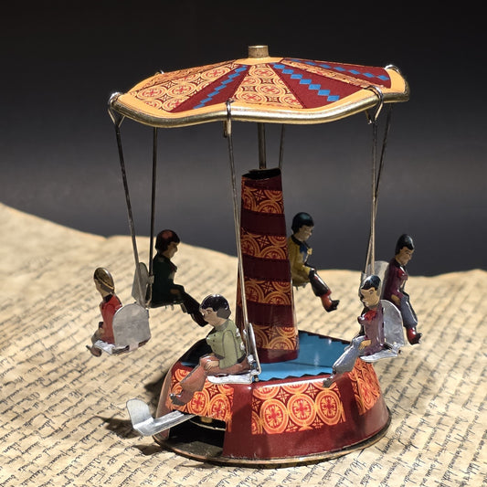 Vintage Style Tin Litho Carousel Swing Ride Wind-Up Amusement Park Toy