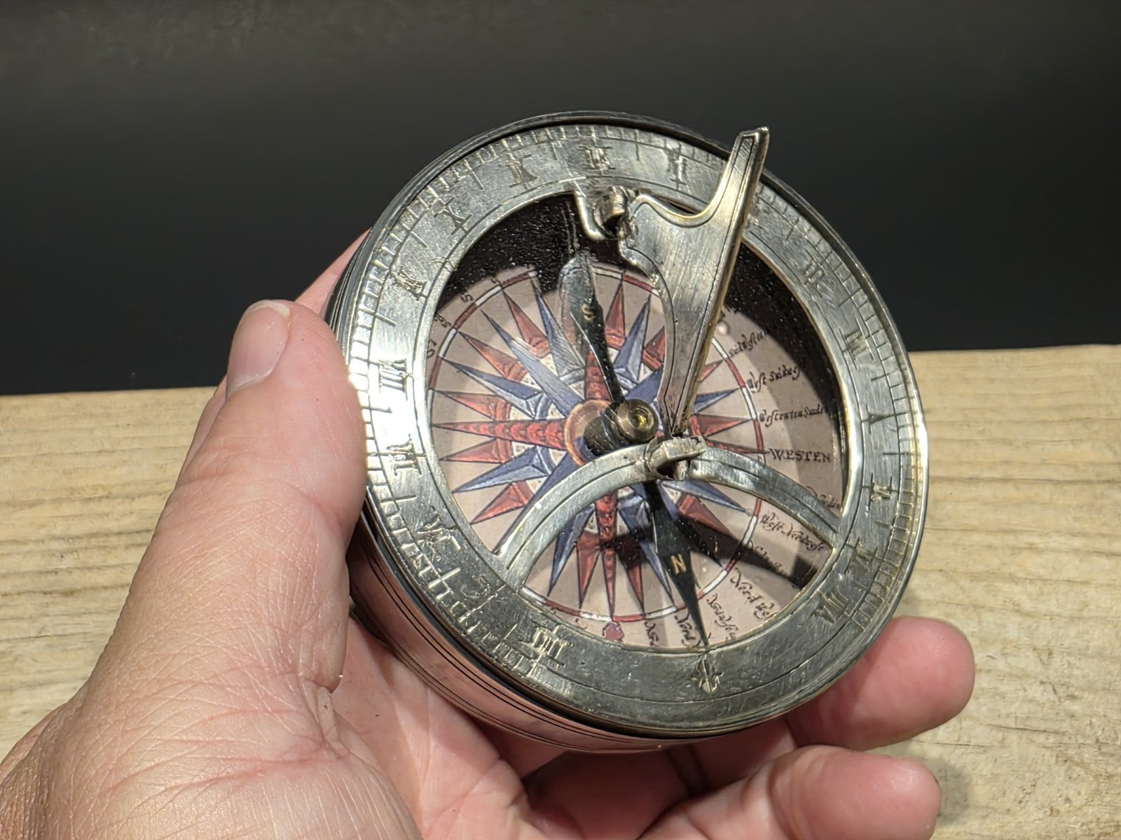 Antique Style Silver Plated Bronze Sundial Compass