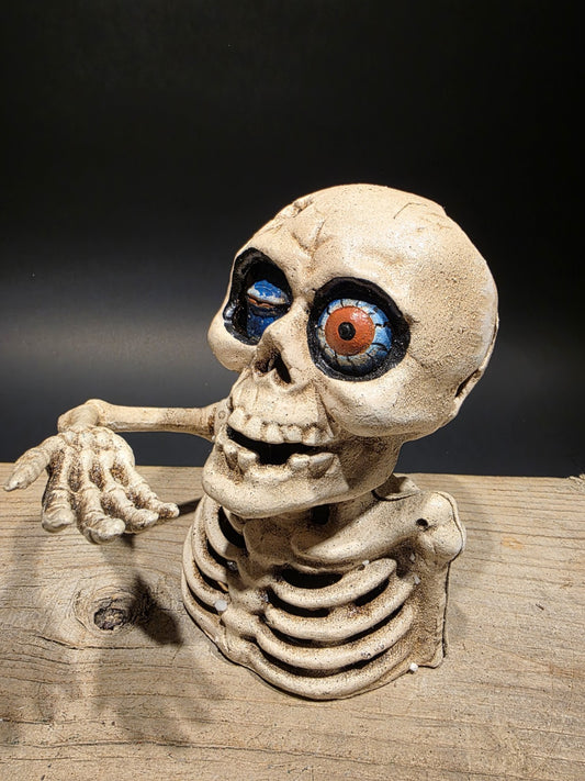 Antique Style Cast Iron Mechanical Halloween Skeleton Coin Bank