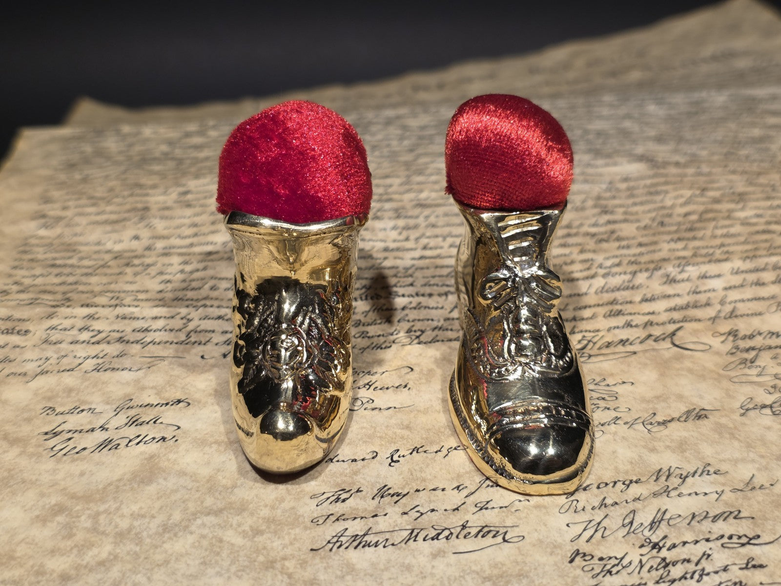 3" Miniature Brass Boot Sewing Pin Cushion Collection