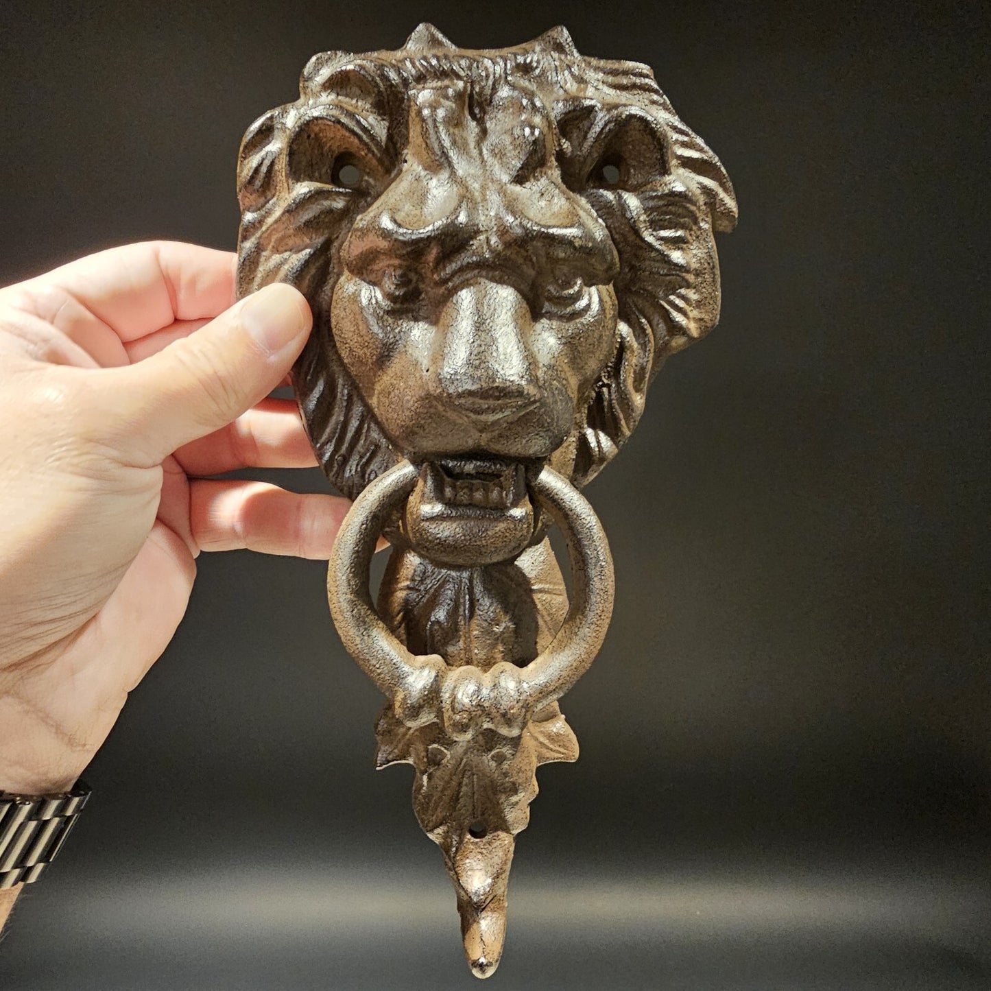 Antique Vintage Style Cast Iron Lion Door Knocker w Hook