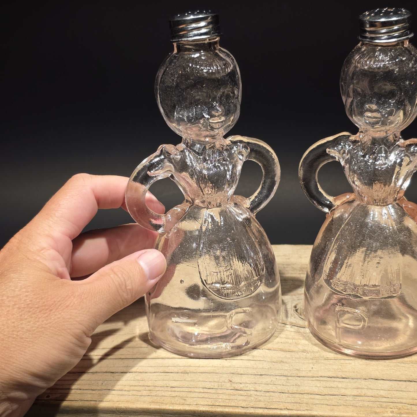 7" Vintage Style Pair Pink Glass Lady Salt Pepper Shakers – Depression Style