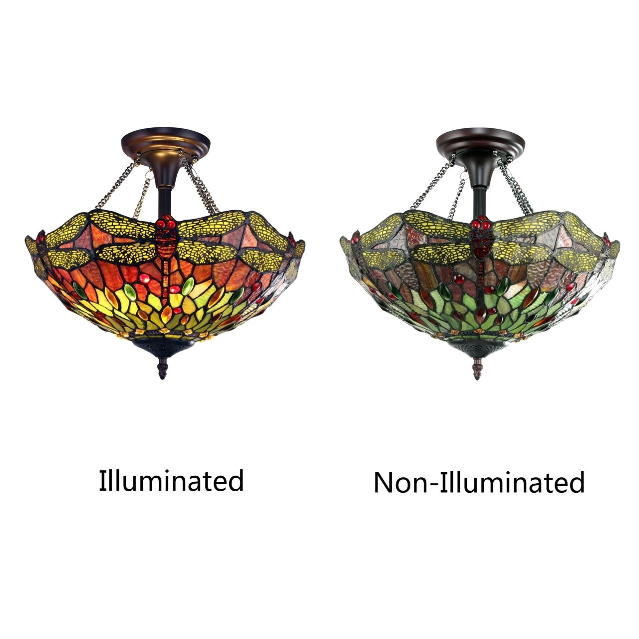 16" Dragonfly Stained Glass Semi Flush Ceiling Uplight