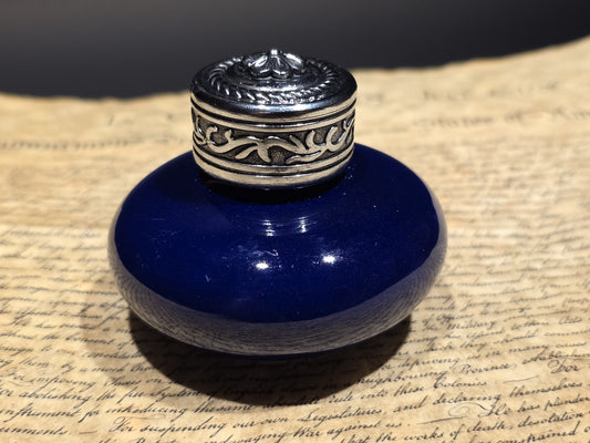 3" Cobalt Blue Ceramic Inkwell Inkpot With Silver Metal Screw Lid