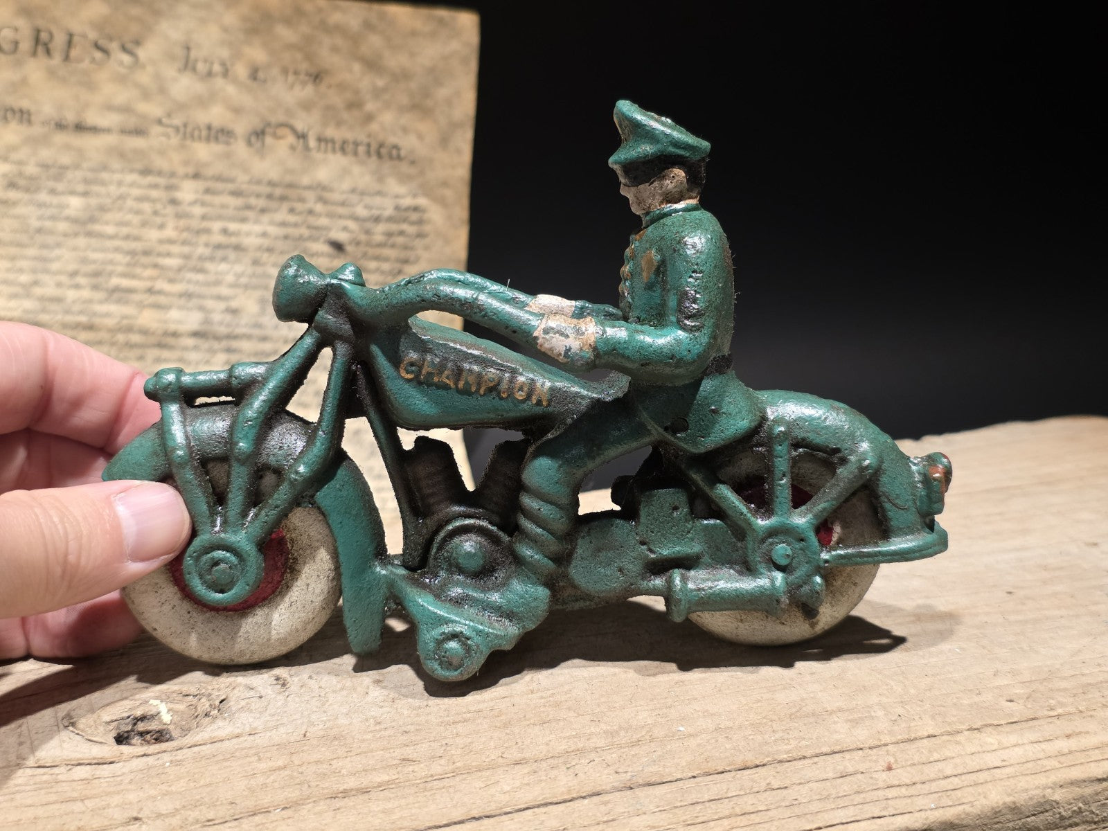 7" Vintage Cast Iron Police Motorcycle Toy Champion Patrol Officer Antique Style