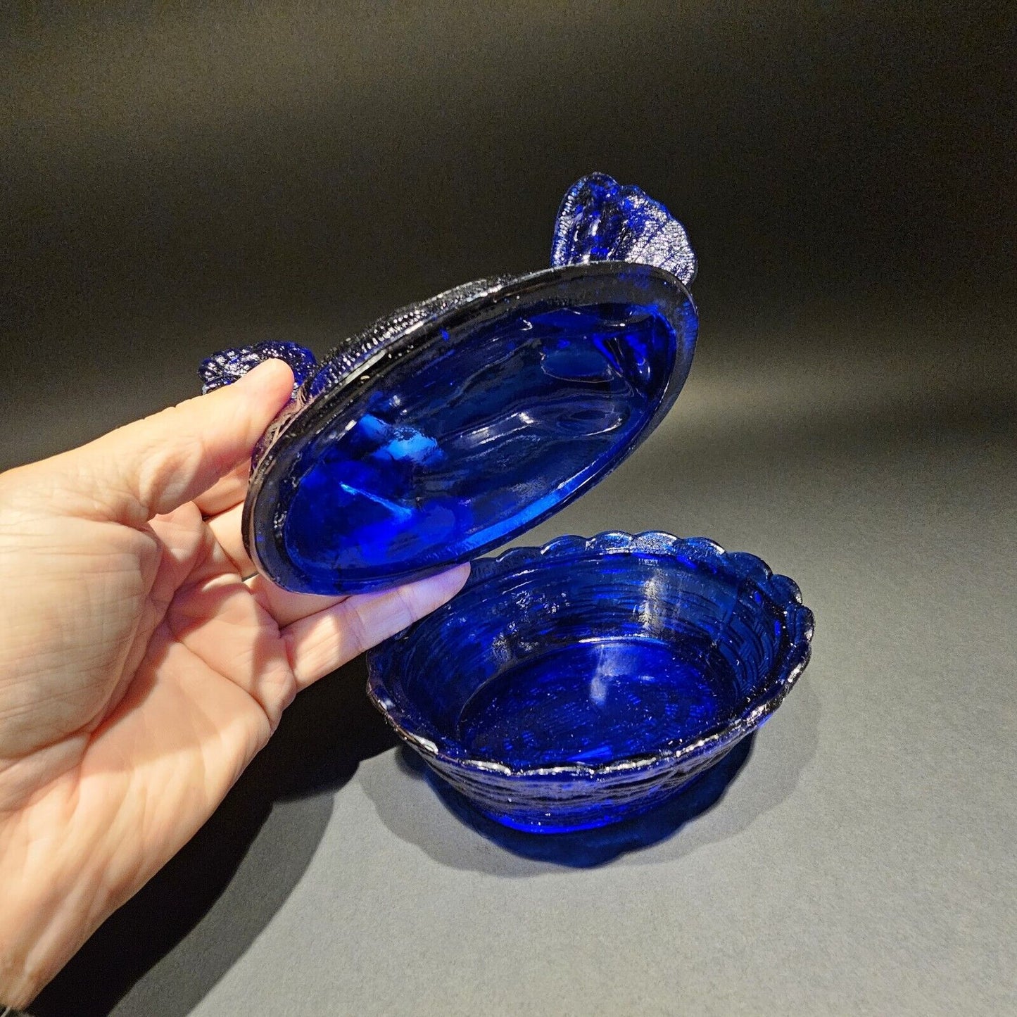 Antique Vintage Style Cobalt Blue Depression Glass Chicken Hen On Nest Dish