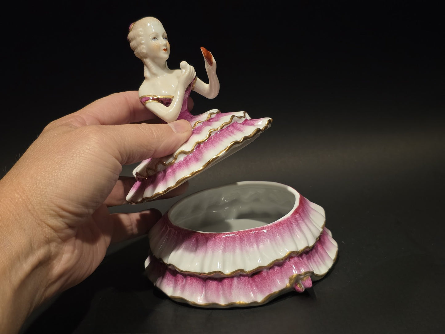 6"  Vintage Style Porcelain Half Doll Powder Box Lady Figurine Vanity Trinket