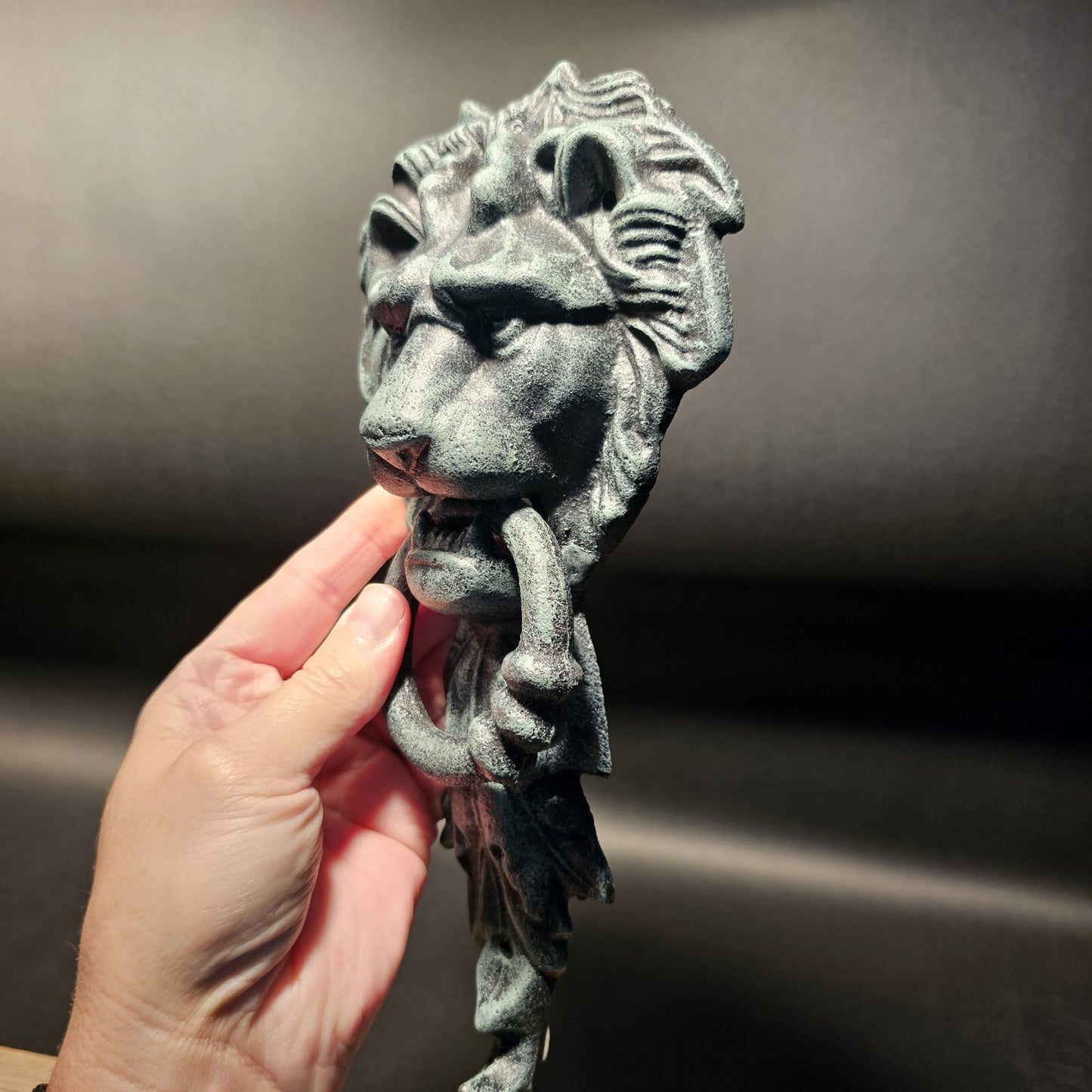 Antique Vintage Style Cast Verdi Green Iron Lion Door Knocker w Hook