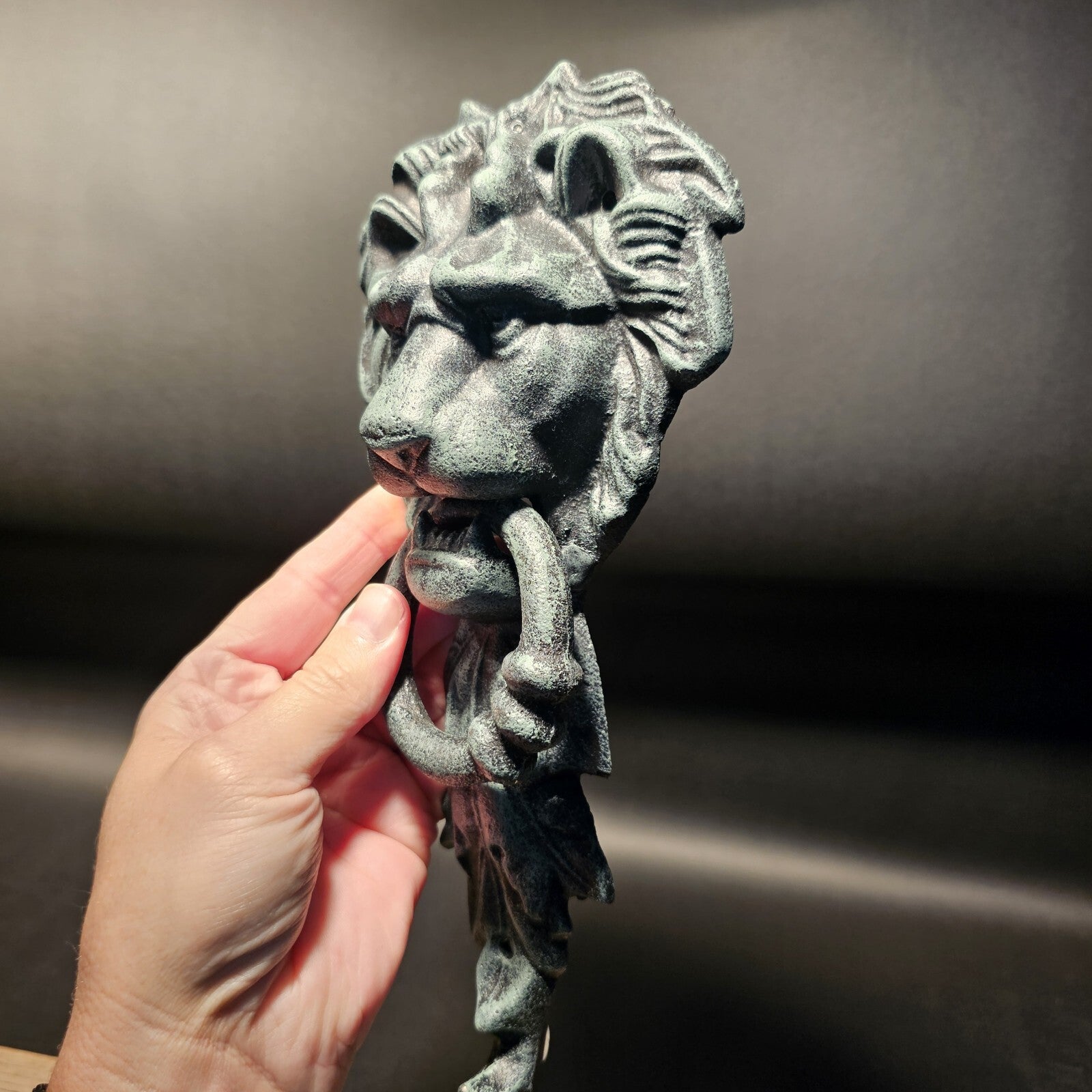 Antique Vintage Style Cast Verdi Green Iron Lion Door Knocker w Hook