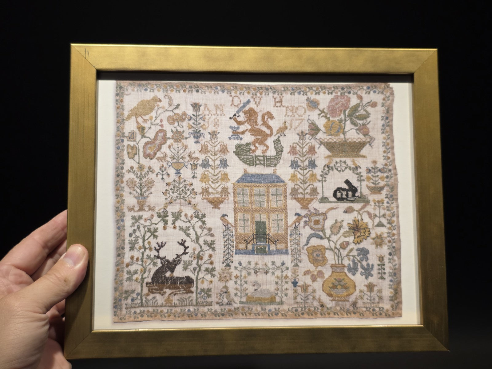 11" x 8.5" Framed Sampler PRINT – Early American Folk Embroidery Design