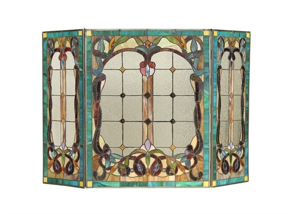 44" Folding Stained Glass Fireplace Screen
