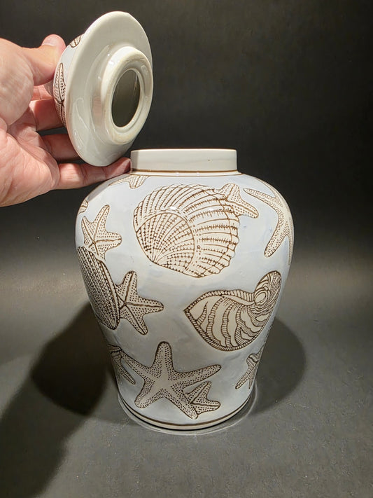 10" Vintage Style Sea Blue Ceramic Coastal Seashell Jar