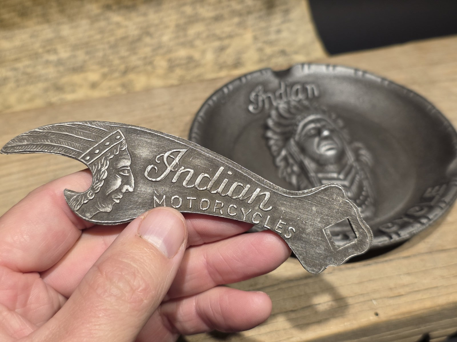 Vintage Style Indian Motorcycle Ash Tray and Bottle Opener Set
