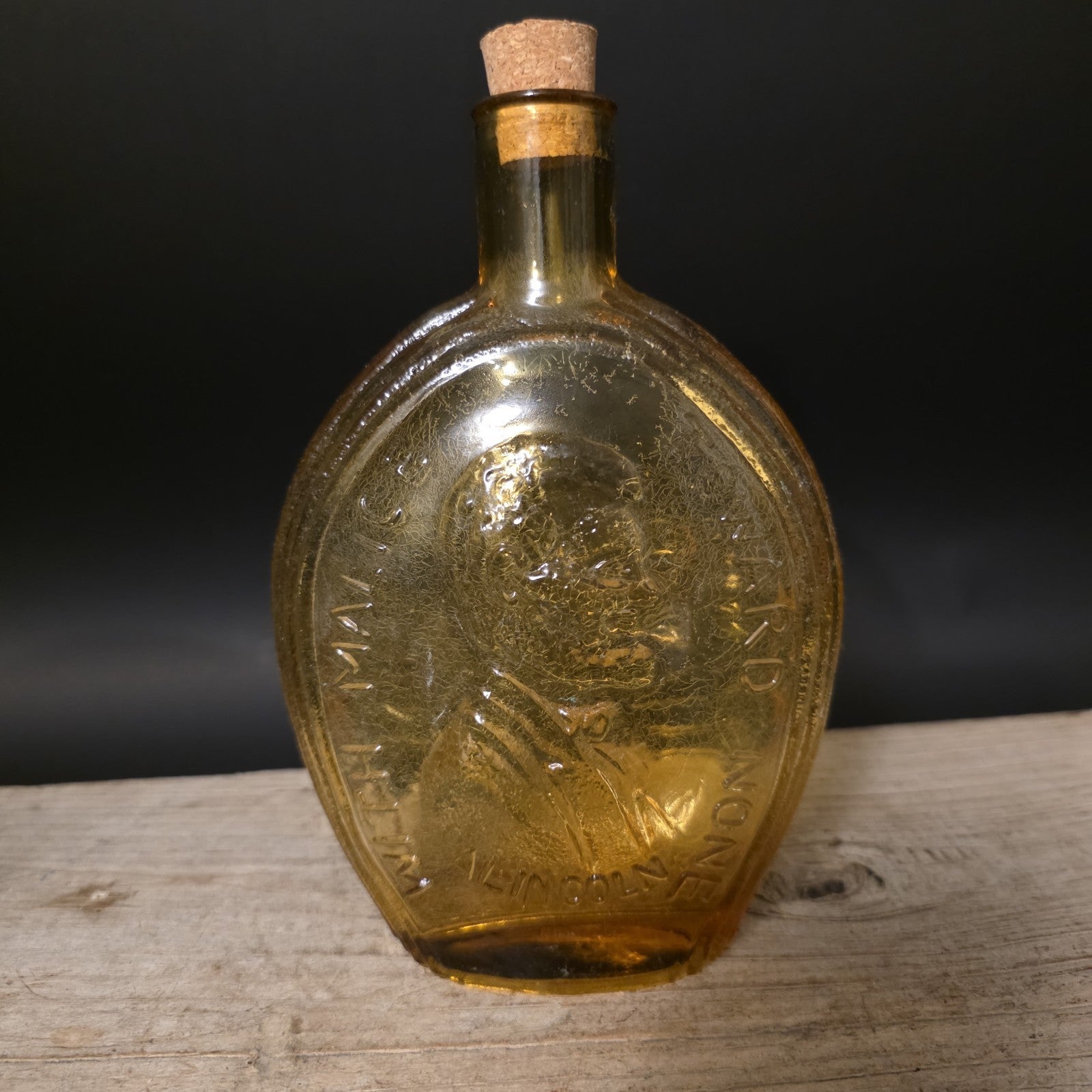 8" Vintage Style Amber Glass Abraham Lincoln Decanter Flask Bottle