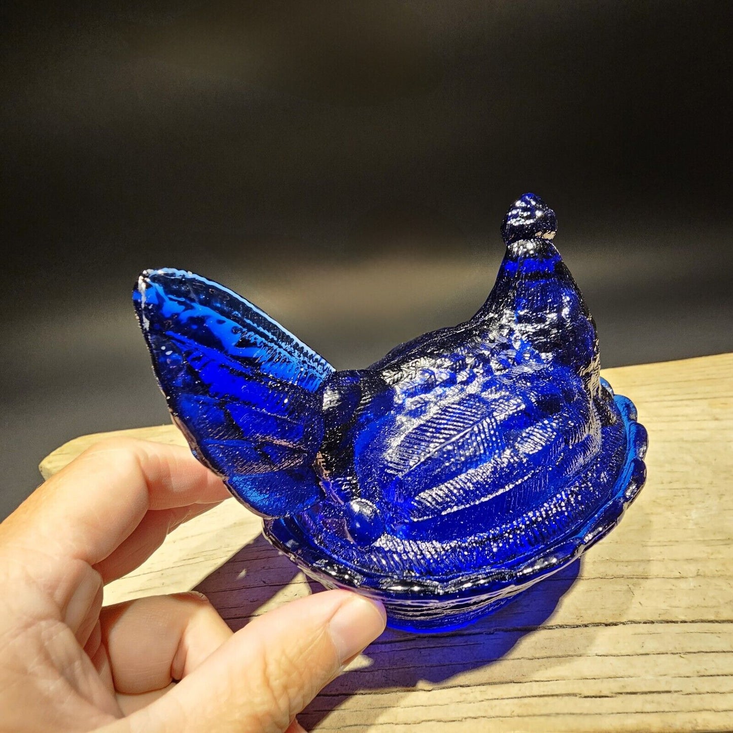 Antique Vintage Style Cobalt Blue Depression Glass Chicken Hen On Nest Dish
