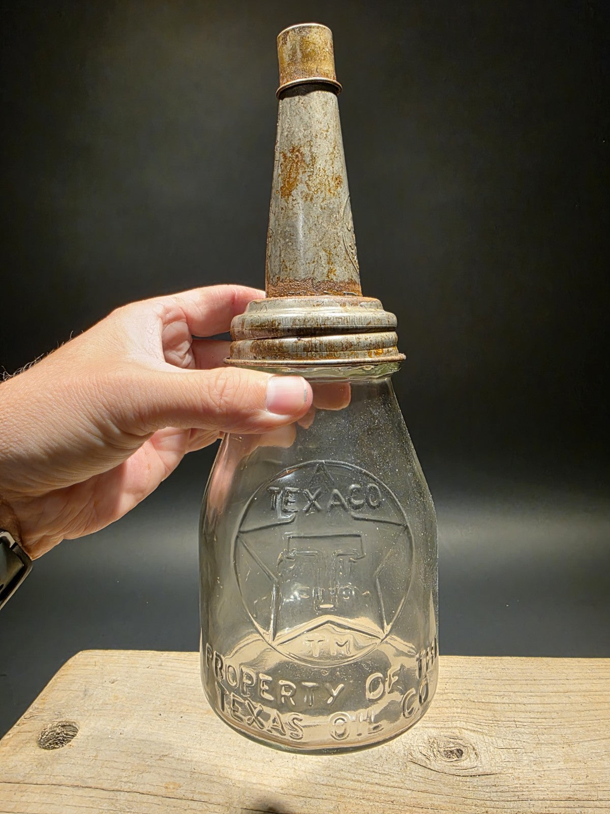 11" Vintage Style Glass Texaco Oil Bottle w Spout