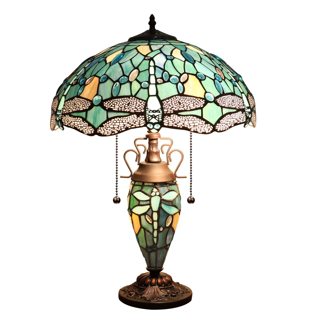 22.44" Antique Vintage Style Stained Glass Dragonfly Lighted Base Table Lamp