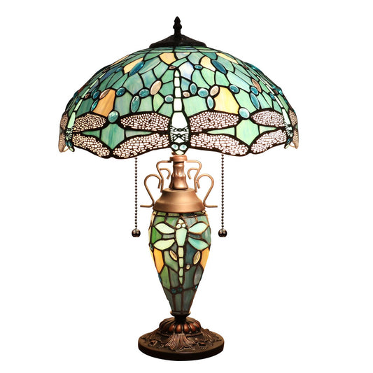 22.44" Antique Vintage Style Stained Glass Dragonfly Lighted Base Table Lamp