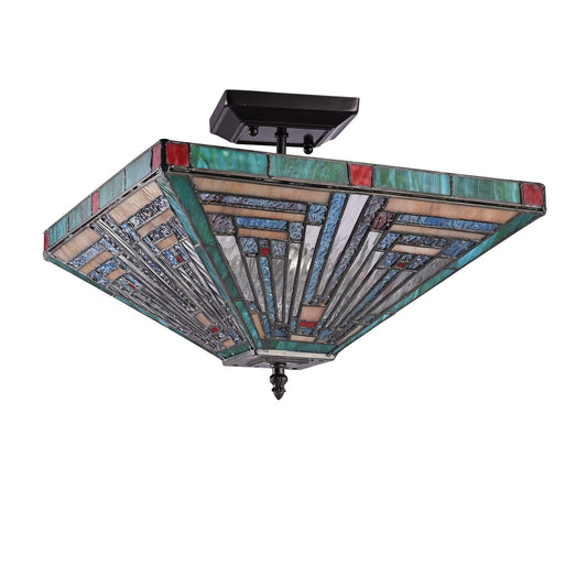 14" Vintage Style Mission Stained Glass Semi Flush Ceiling Uplight