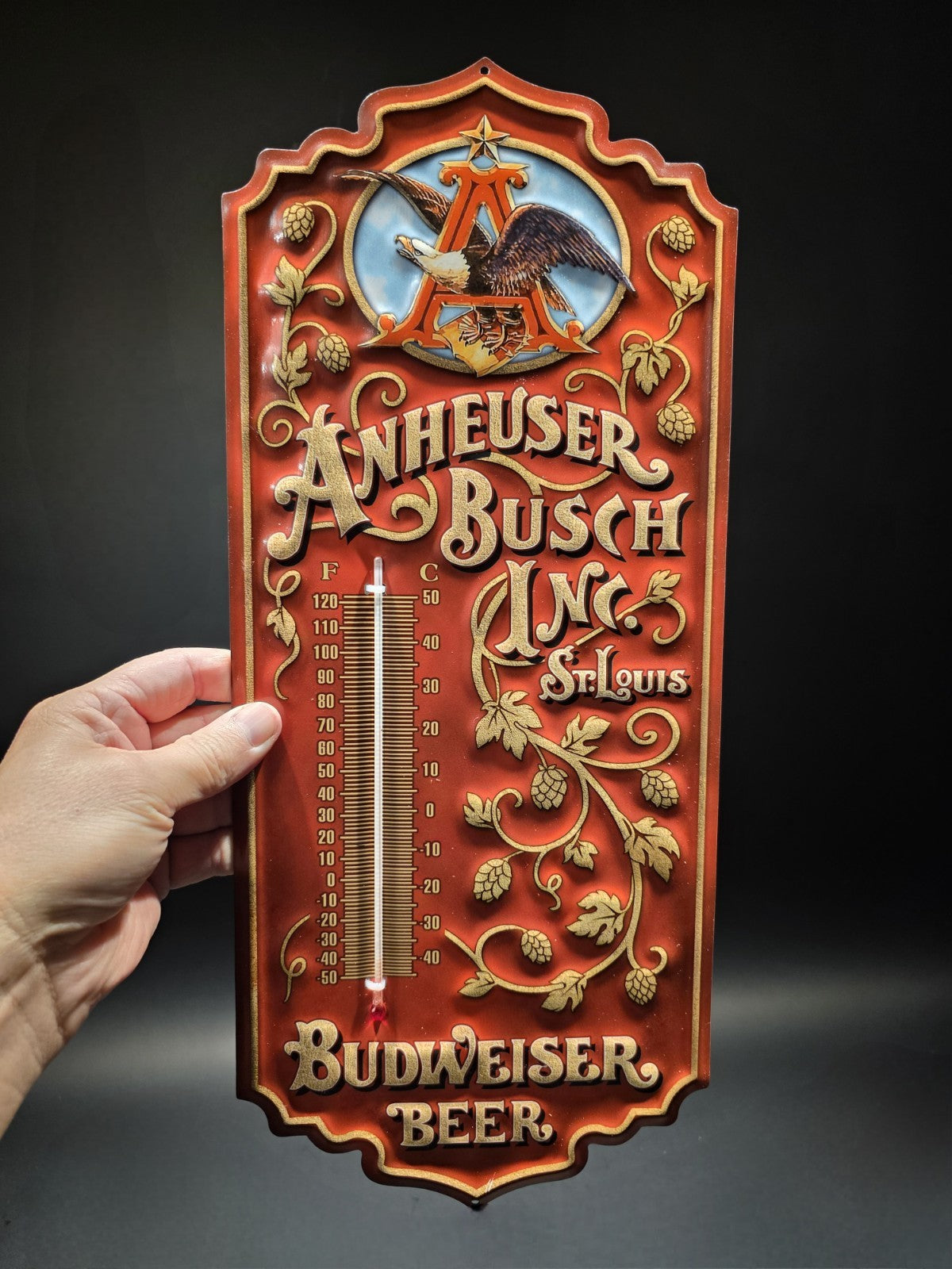 Metal Vintage Style Anheuser Busch Budweiser Wall Thermometer Sign
