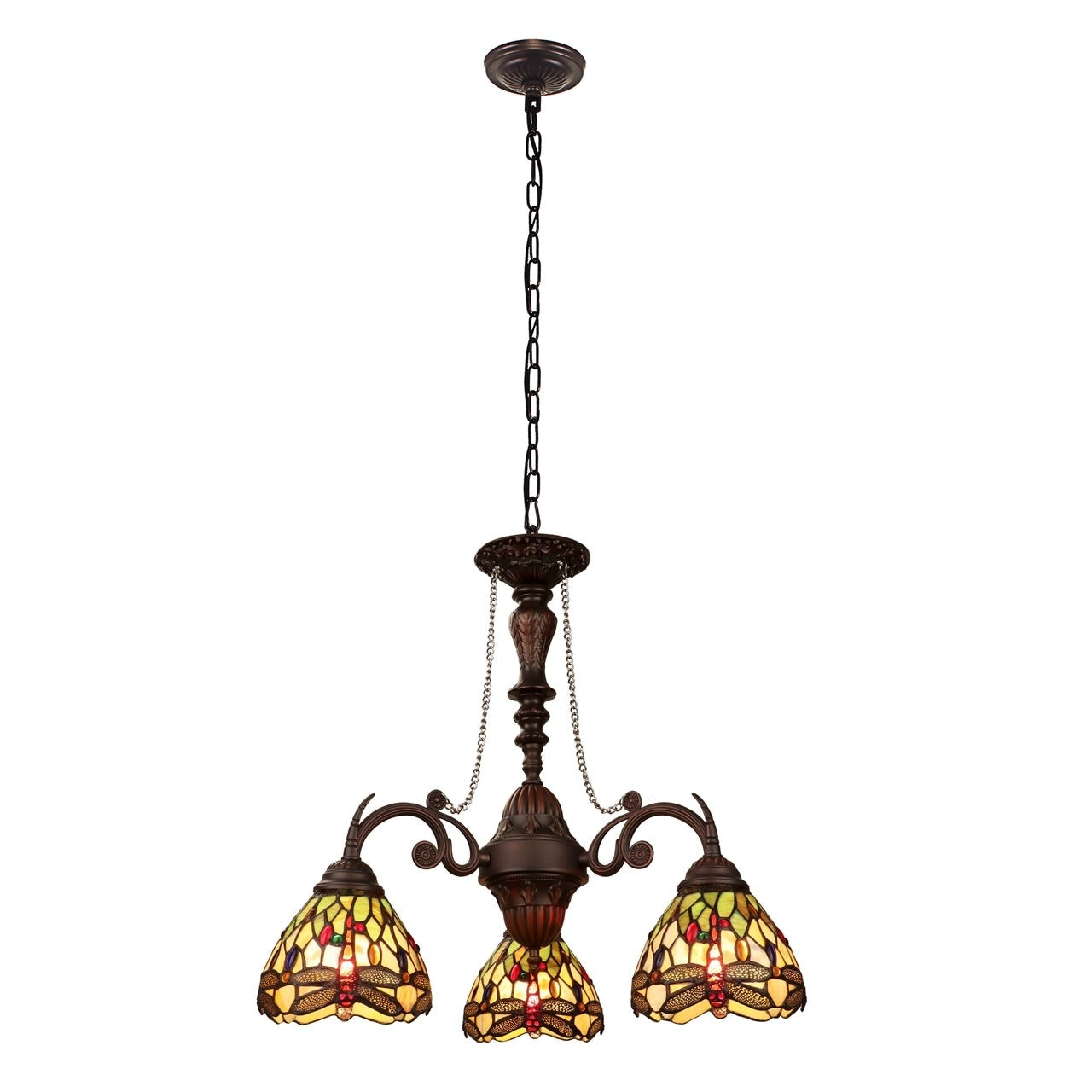 24" 3 Light Stained Glass Dragonfly Hanging Down Light Chandelier