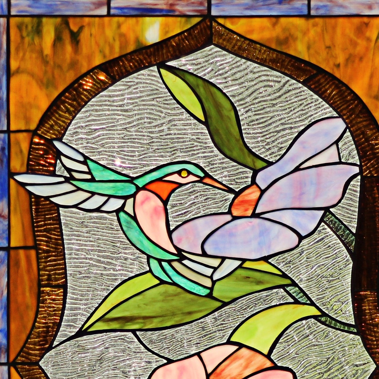 32.68" Tiffany Style Stained Glass Window Panel Poppy & Hummingbird