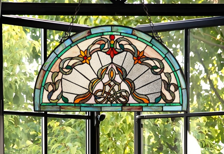 24" Tiffany Style Stained Glass Window Panel Victorian Semi Circle