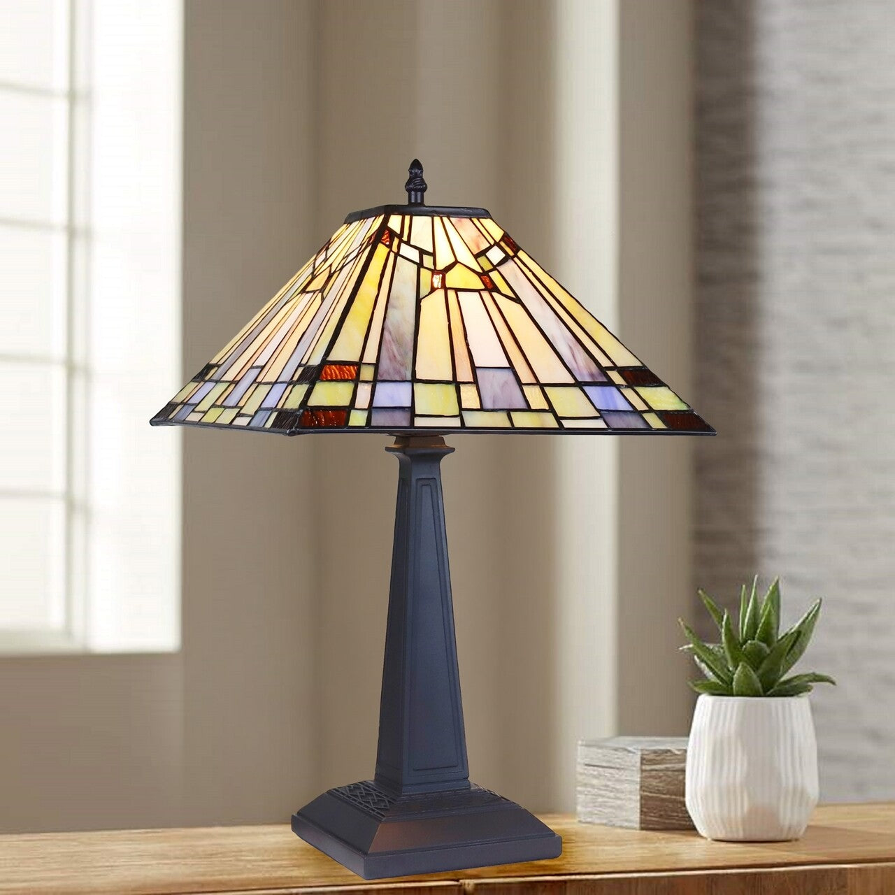 18" 1 light Antique Vintage Style Stained Glass Mission Table Lamp