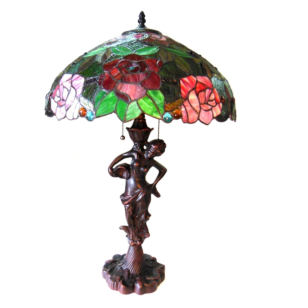 27" Antique Style Stained Glass Pull chain Table Lamp Statue Base