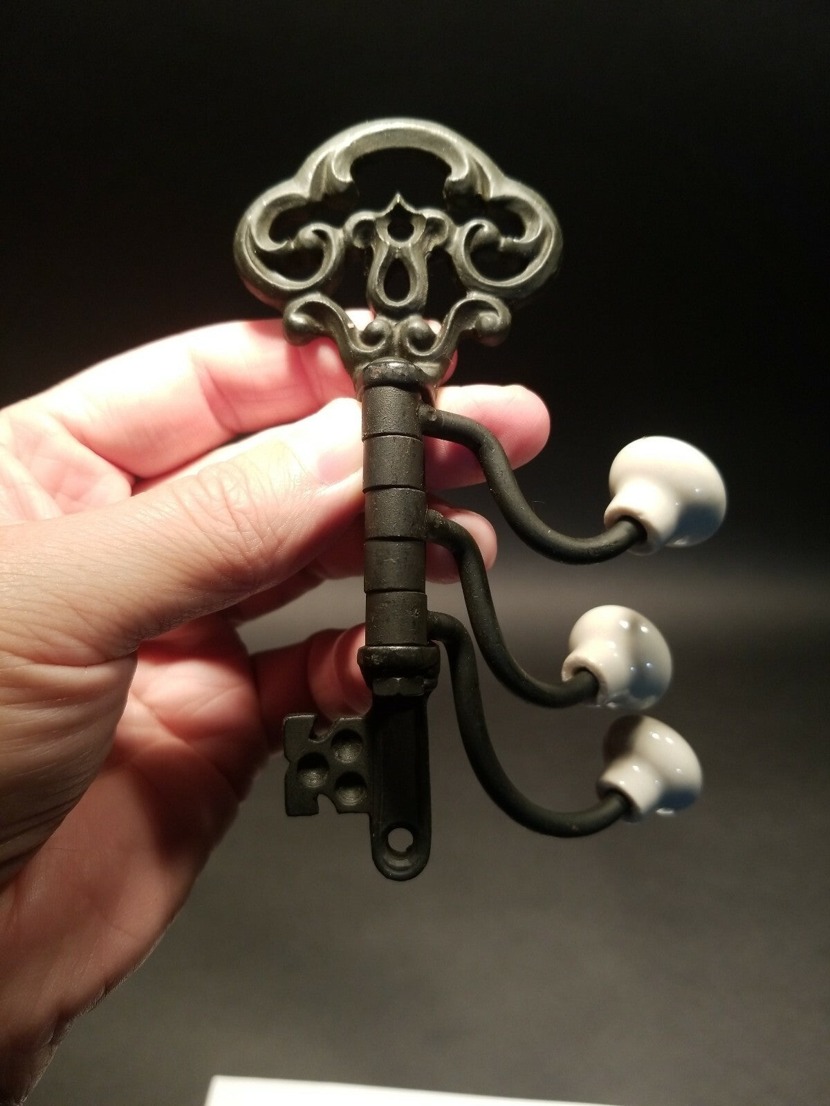 Antique Vintage Style Cast Iron Key Swivel Hook W Porcelain Knobs