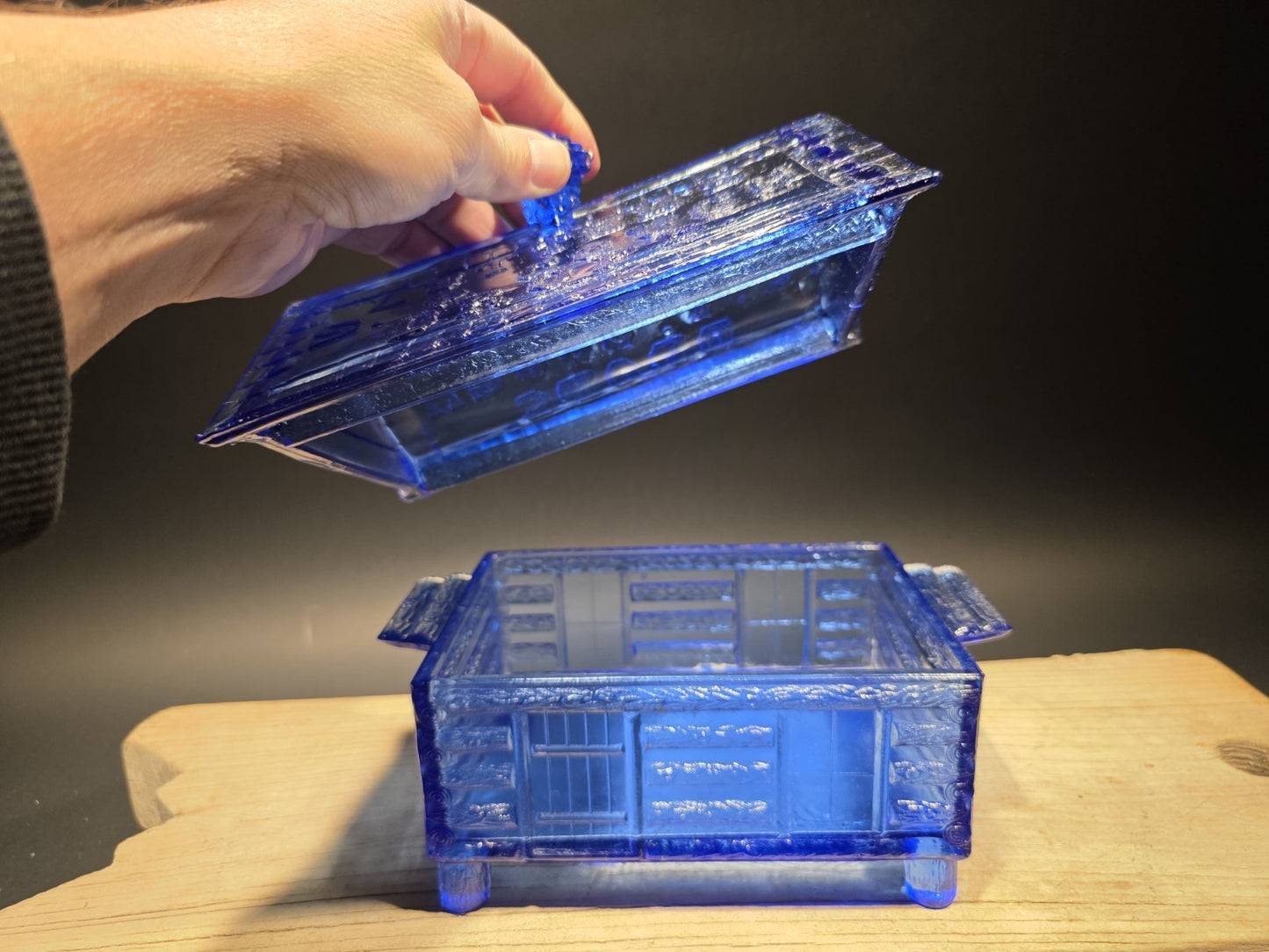 Vintage Style Cobalt Blue Depression Glass Cabin Candy Dish Box