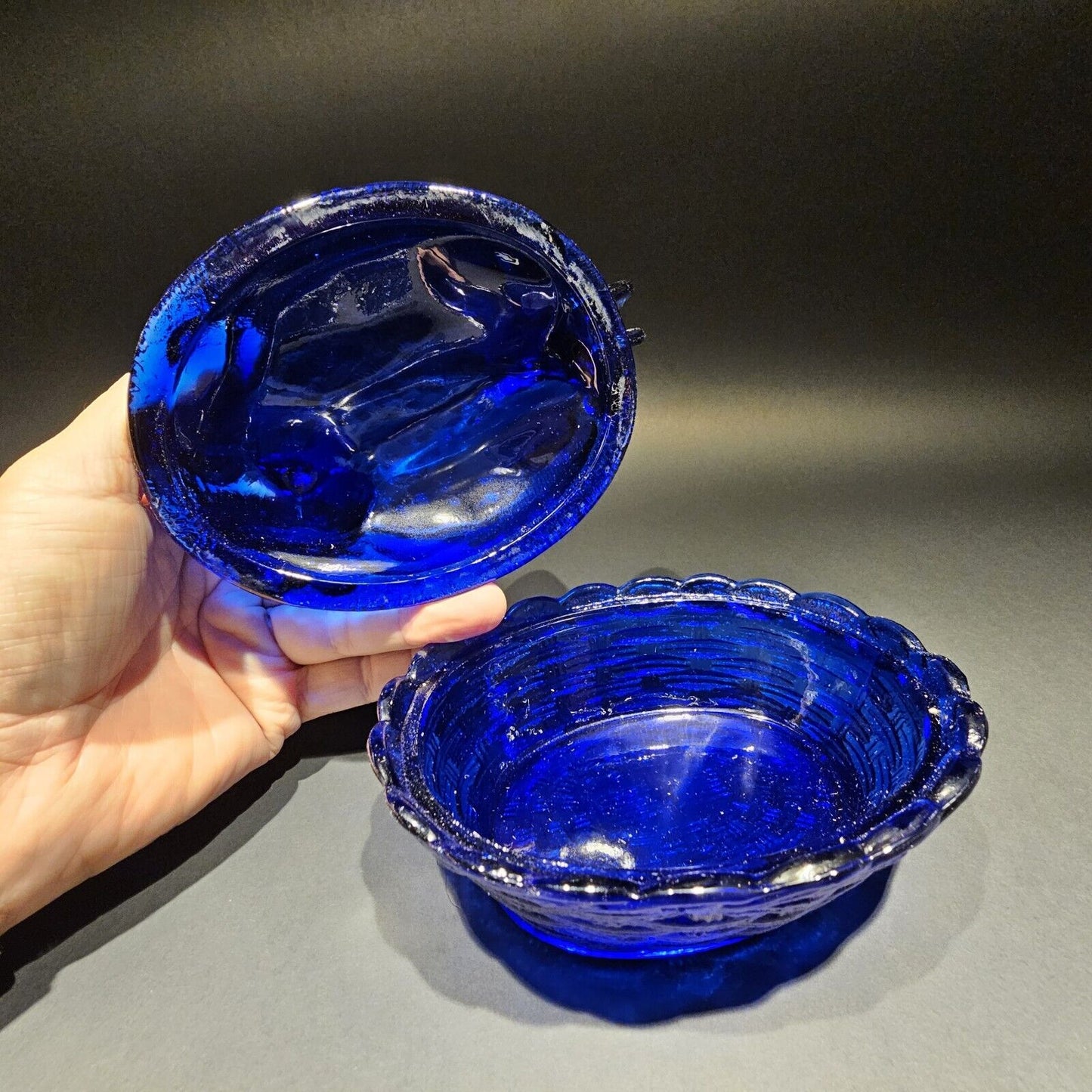 Antique Vintage Style Cobalt Blue Depression Glass Chicken Hen On Nest Dish