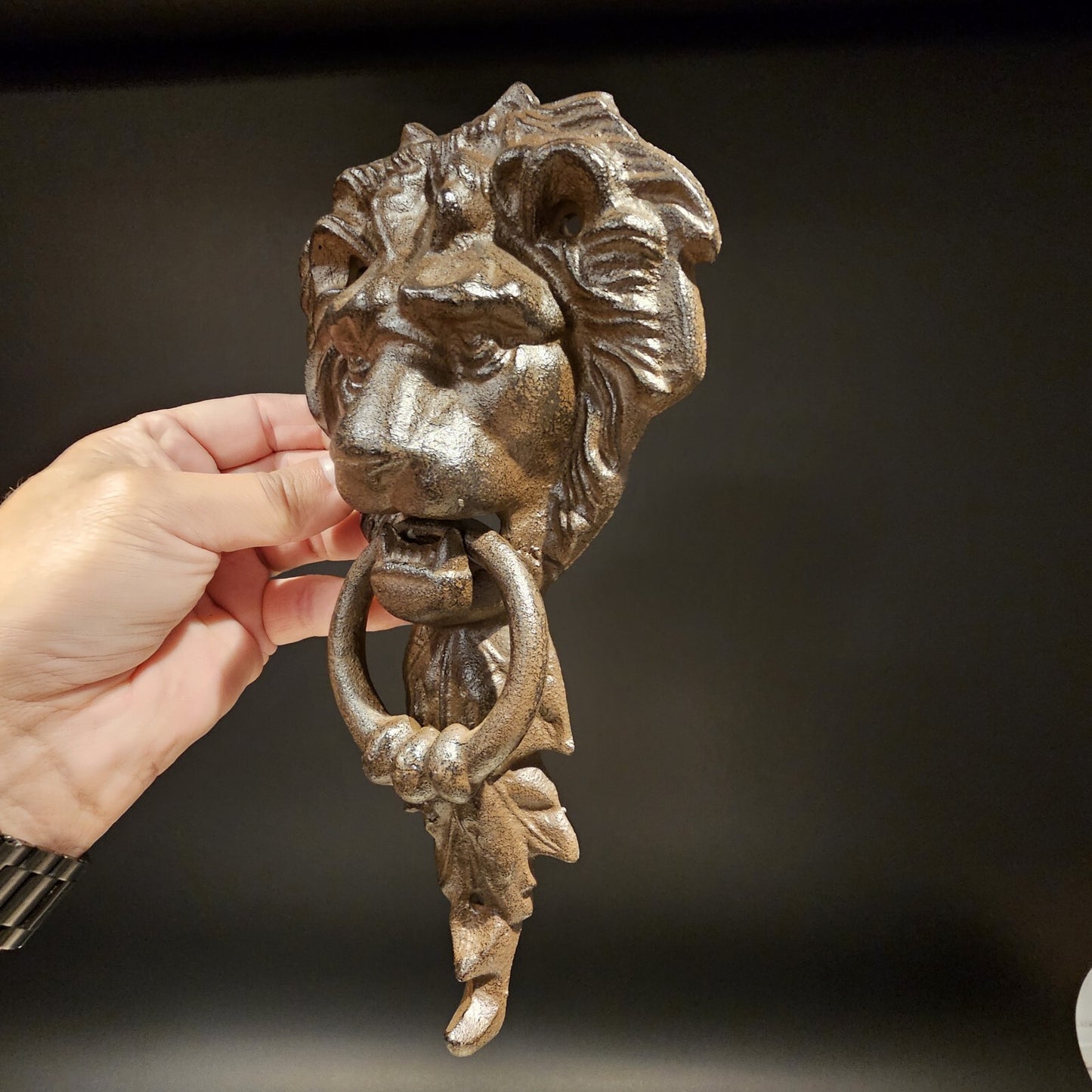 Antique Vintage Style Cast Iron Lion Door Knocker w Hook