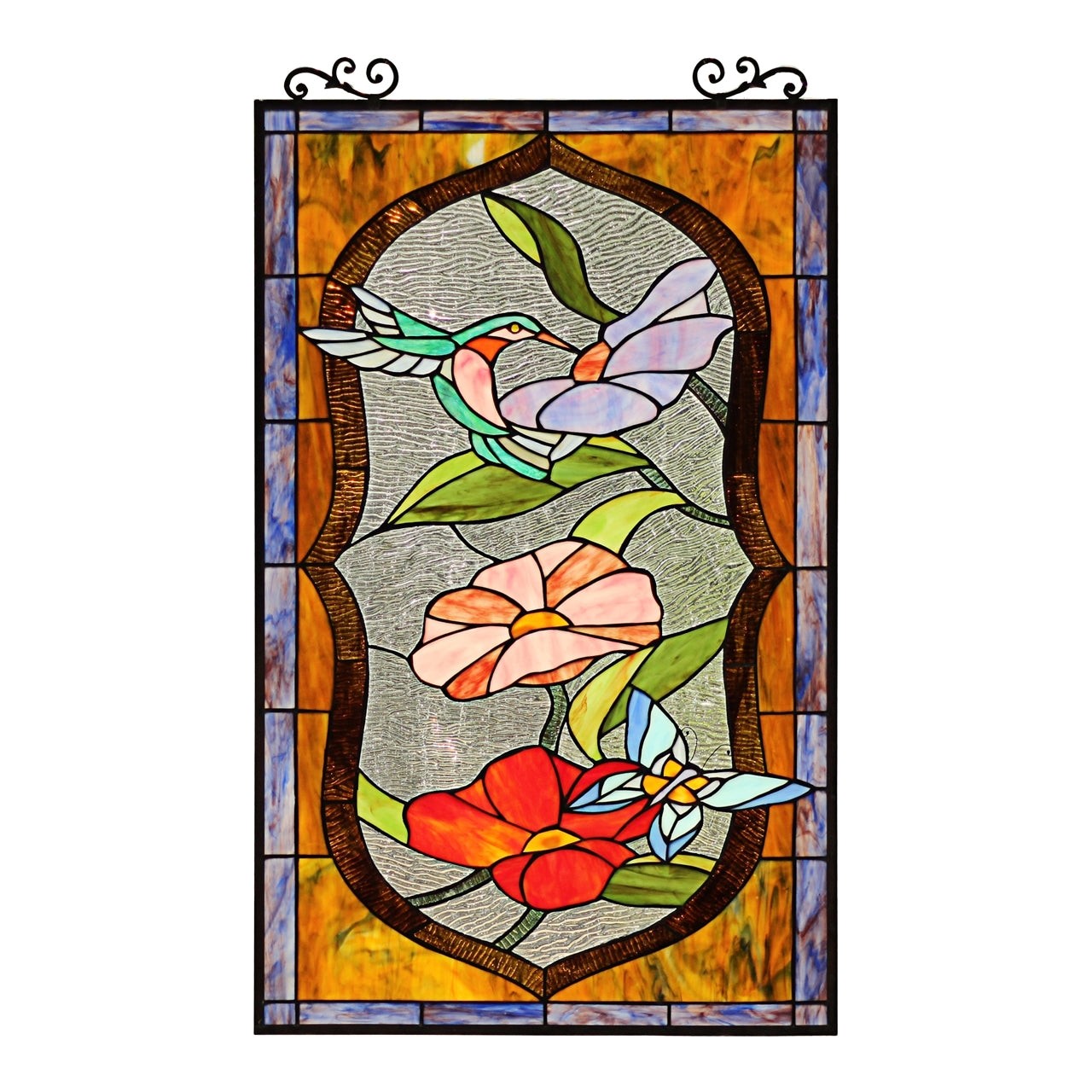 32.68" Tiffany Style Stained Glass Window Panel Poppy & Hummingbird