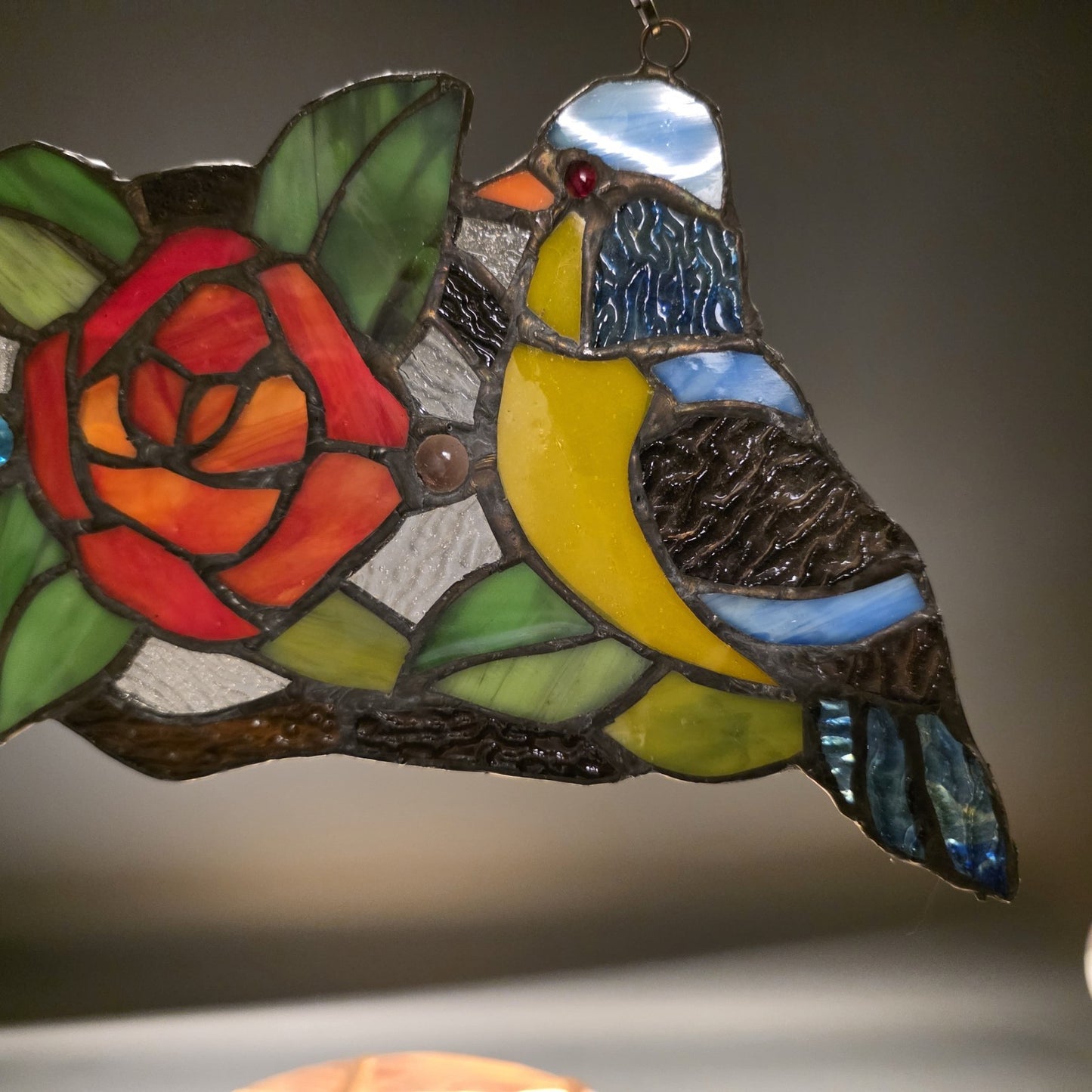 Tiffany Style Stained Glass Birds Panel – Rose Floral Suncatcher