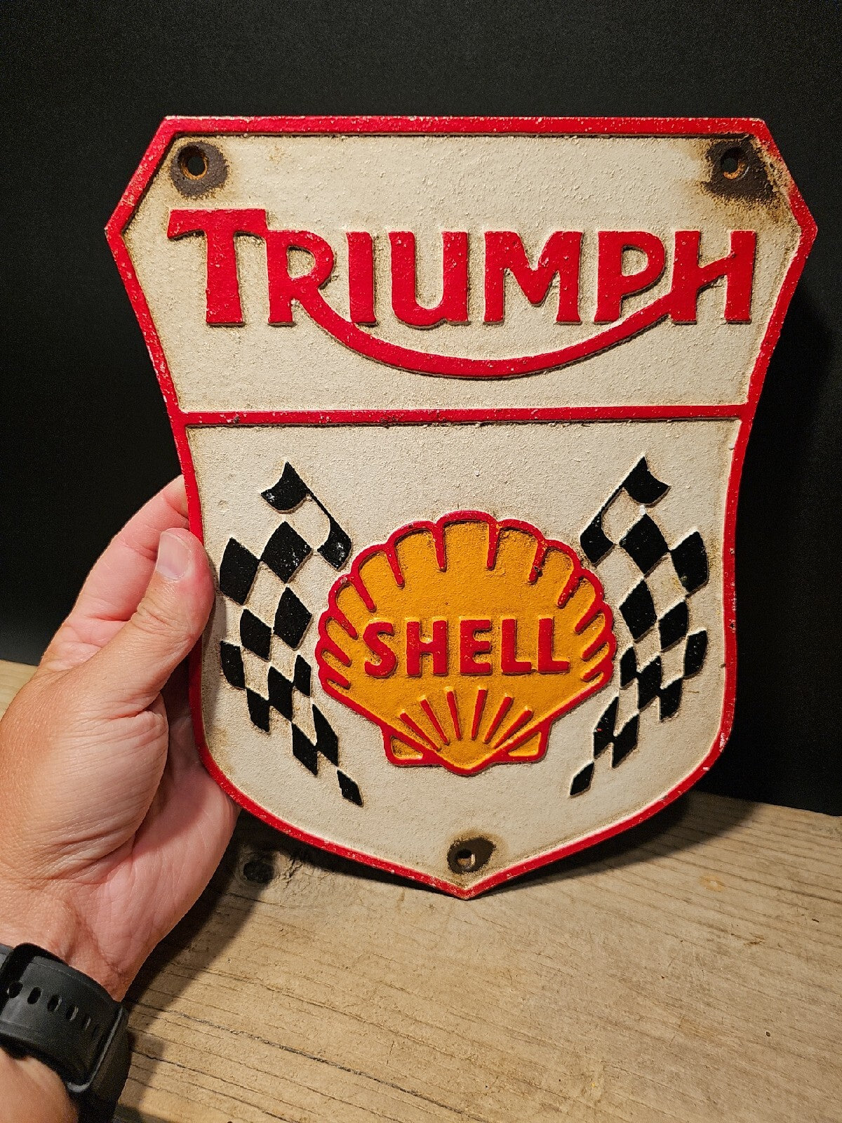 Antique Vintage Style Cast Iron Triumph Shell Gas Oil Sign Plaque
